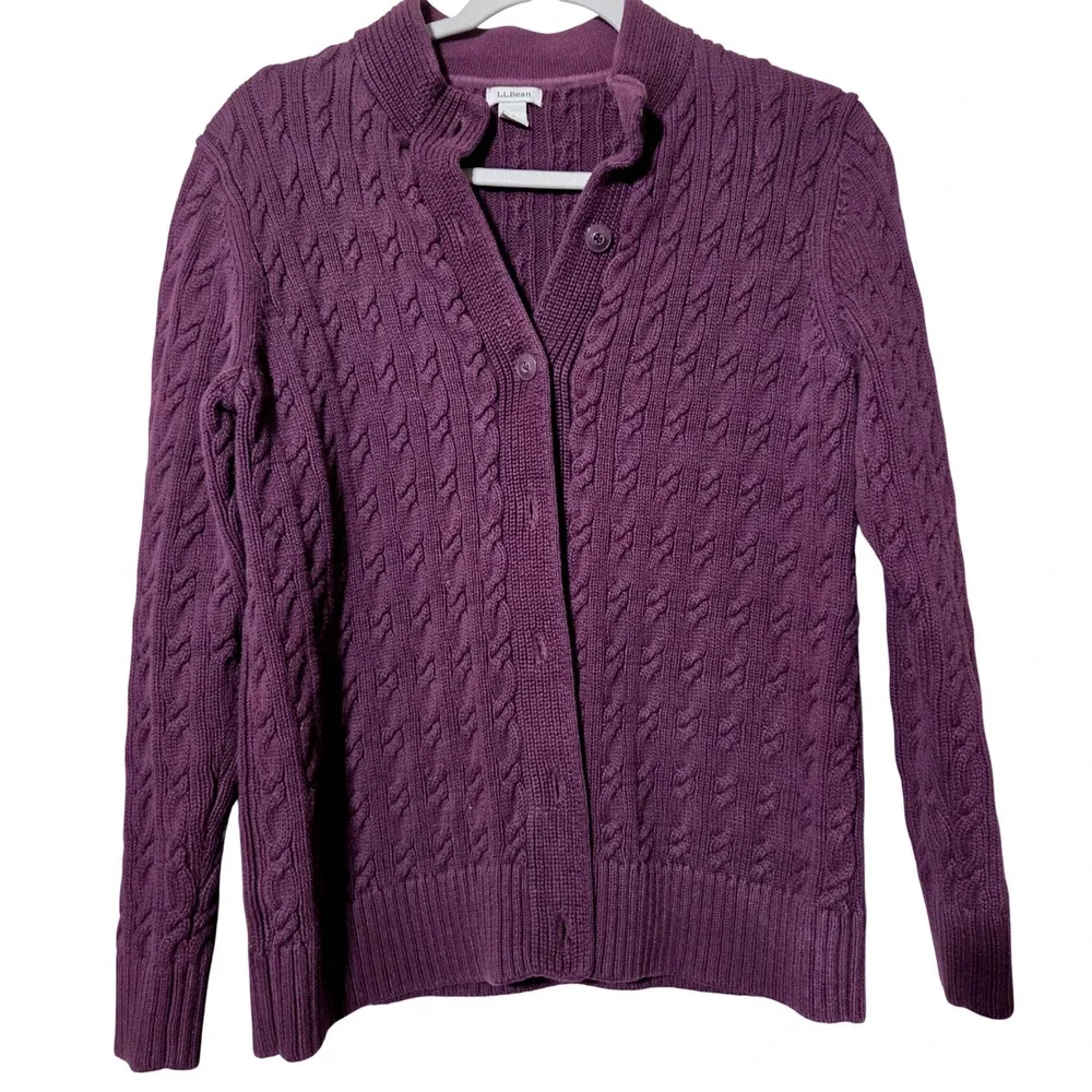 L.L.Bean Purple Cable Knit Sweater Small Button Up Ribbed Women's‎ Fall Winter